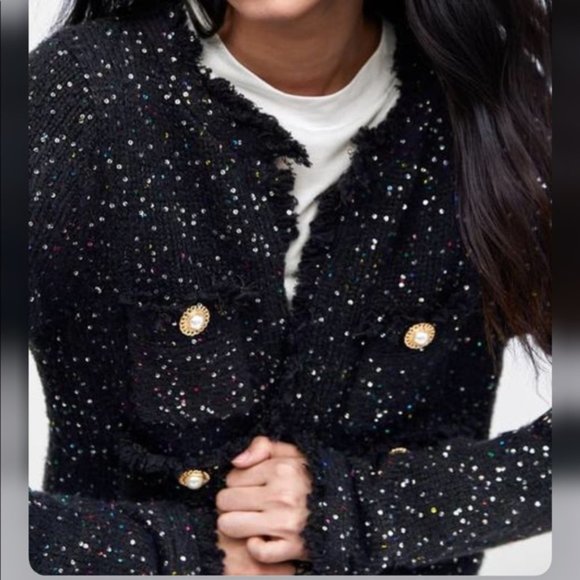 Zara shimmery knit frayed jacket in navy, S - Picture 4 of 13